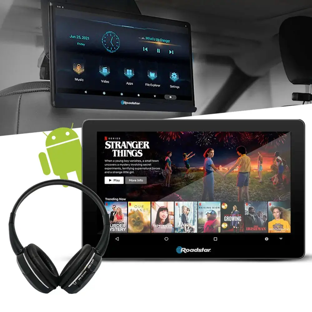 10.8" Roadstar Android Entertainment Headrest Tablet Screen With Bluetooth Headphones 1