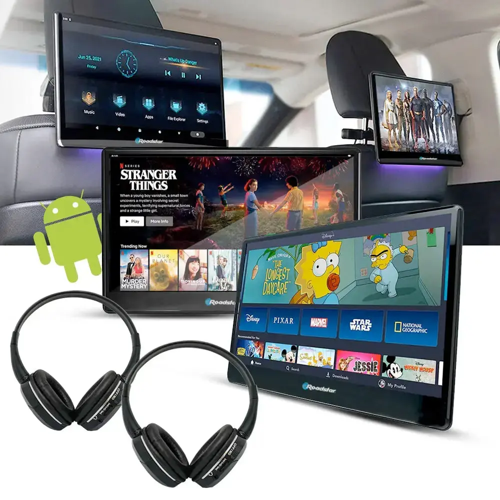 10.8" Roadstar Android Entertainment Headrest Tablet Screens With Bluetooth Headphones 1