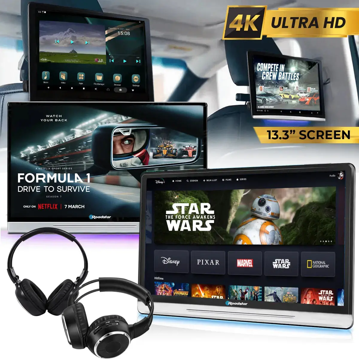 13.3" Roadstar Android Entertainment Headrest Tablet Screens With Bluetooth Headphones 1