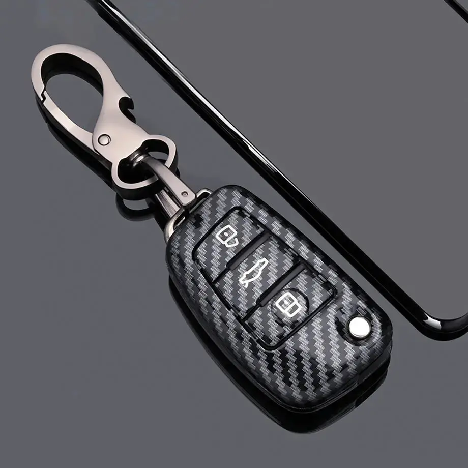 Audi 3-Button Carbon Look Key Case Cover With Key Ring 1