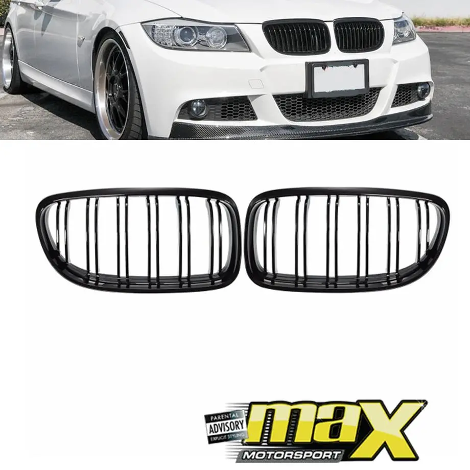 Bm E90 Facelift (09-11) Piano Black Double Slat Kidney Grille 1