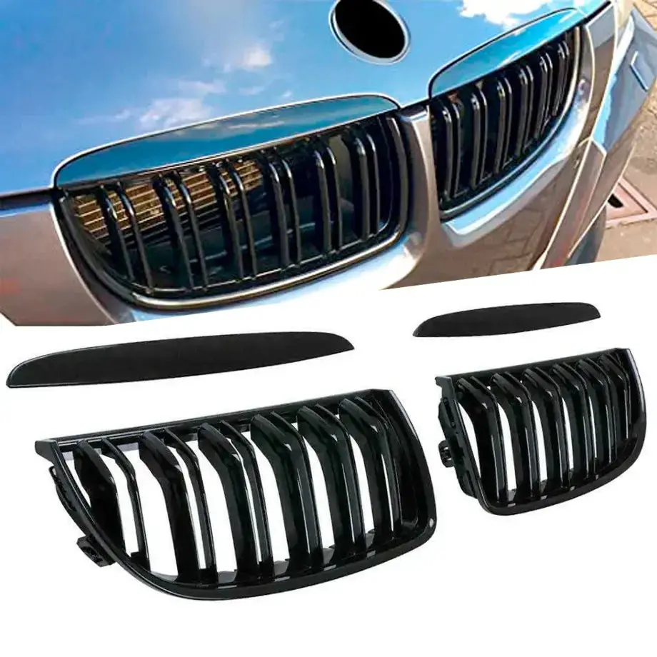 Bm E90 Pre-Facelift (05-08) Piano Black Double Slat Kidney Grille 1