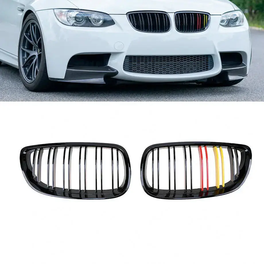 Bm E92 Facelift (10-14) Piano Black Double Slat Kidney Grille With German Stripes 1
