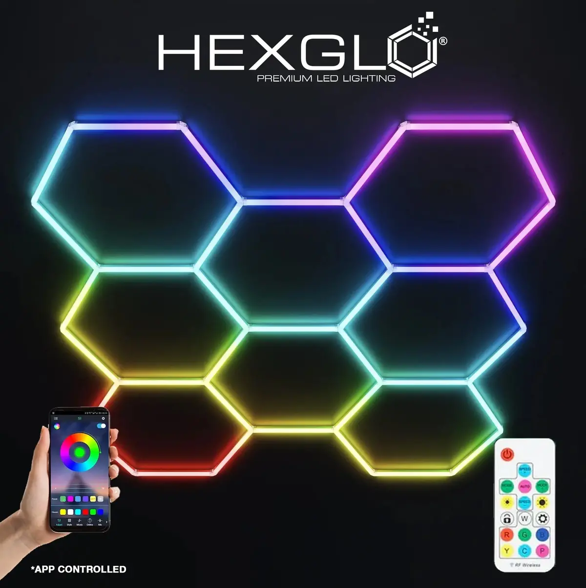 Hexglo 8 Piece Rgb Hexagon Modular Led Lighting Kit 1