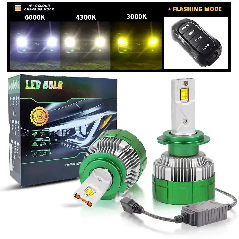 K14 3-Colour Led Canbus Bulbs With Strobe Function & Wireless Remote - H8 1