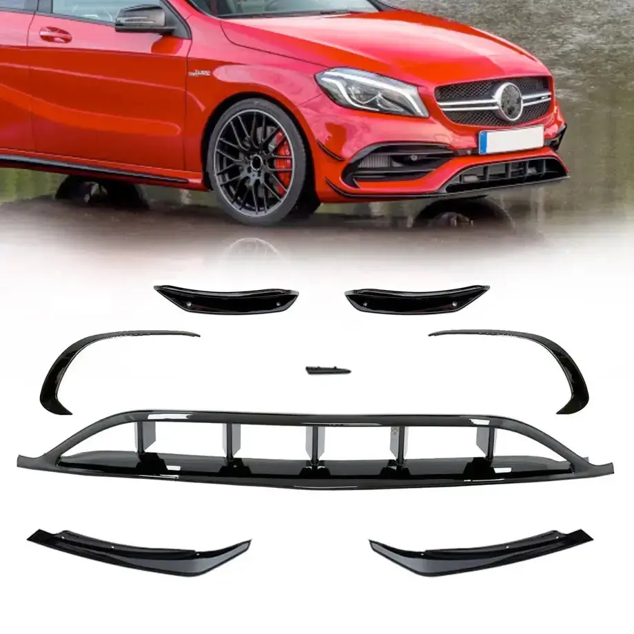 Merc W176 A-Class Amg Style Gloss Black Front Spoiler With Canards (8-Piece) 1