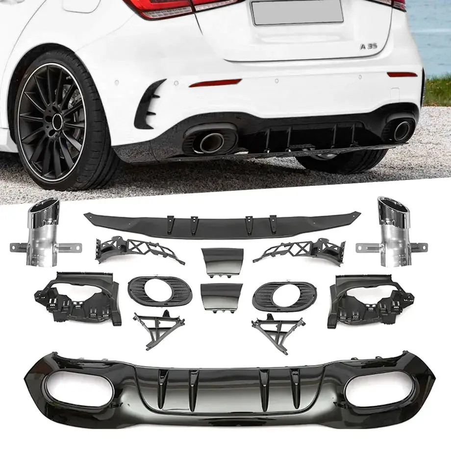 Merc W177 (19-On) Hatchback - A35 Amg Style Gloss Black Rear Diffuser With Exhaust Outlets 1