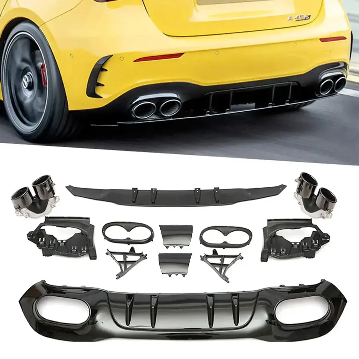 Merc W177 (19-On) Hatchback - A45 Amg Style Gloss Black Rear Diffuser With Exhaust Outlets 1
