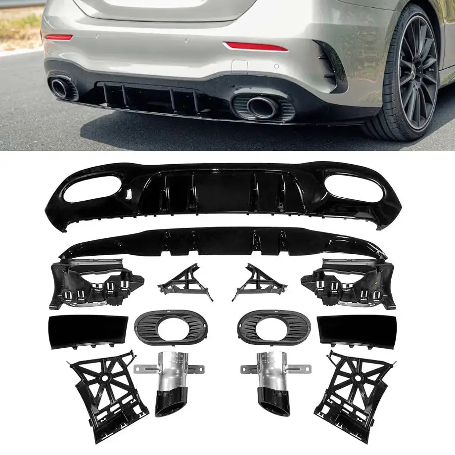 Merc W177 (19-On) Sedan - A35 Amg Style Gloss Black Rear Diffuser With Exhaust Outlets 1