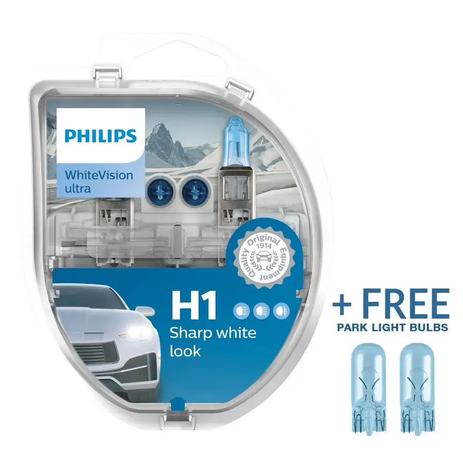 Philips H1 White Vision Ultra 55W Bulb Set + Free Park Light 1