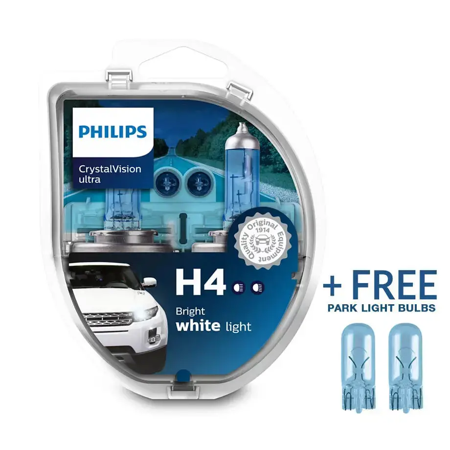 Philips H4 Crystal Vision Ultra 55W Bulb Set + Free Park Light 1