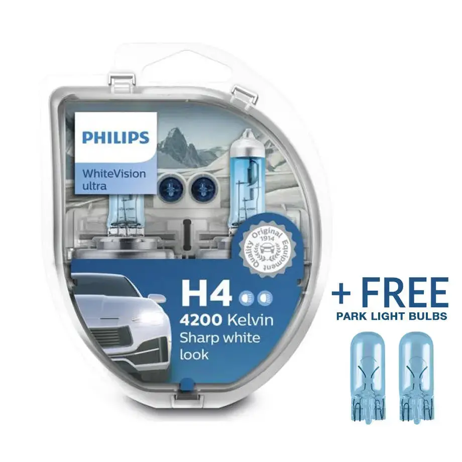Philips H4 White Vision Ultra 55W Bulb Set + Free Park Light 1