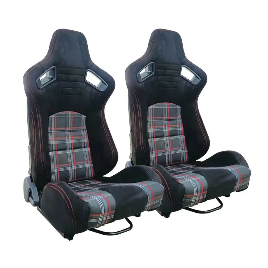 Reclinable Racing Seats - Gti Style Tartan Design Black Suede With Red Stitching (Pair) 1
