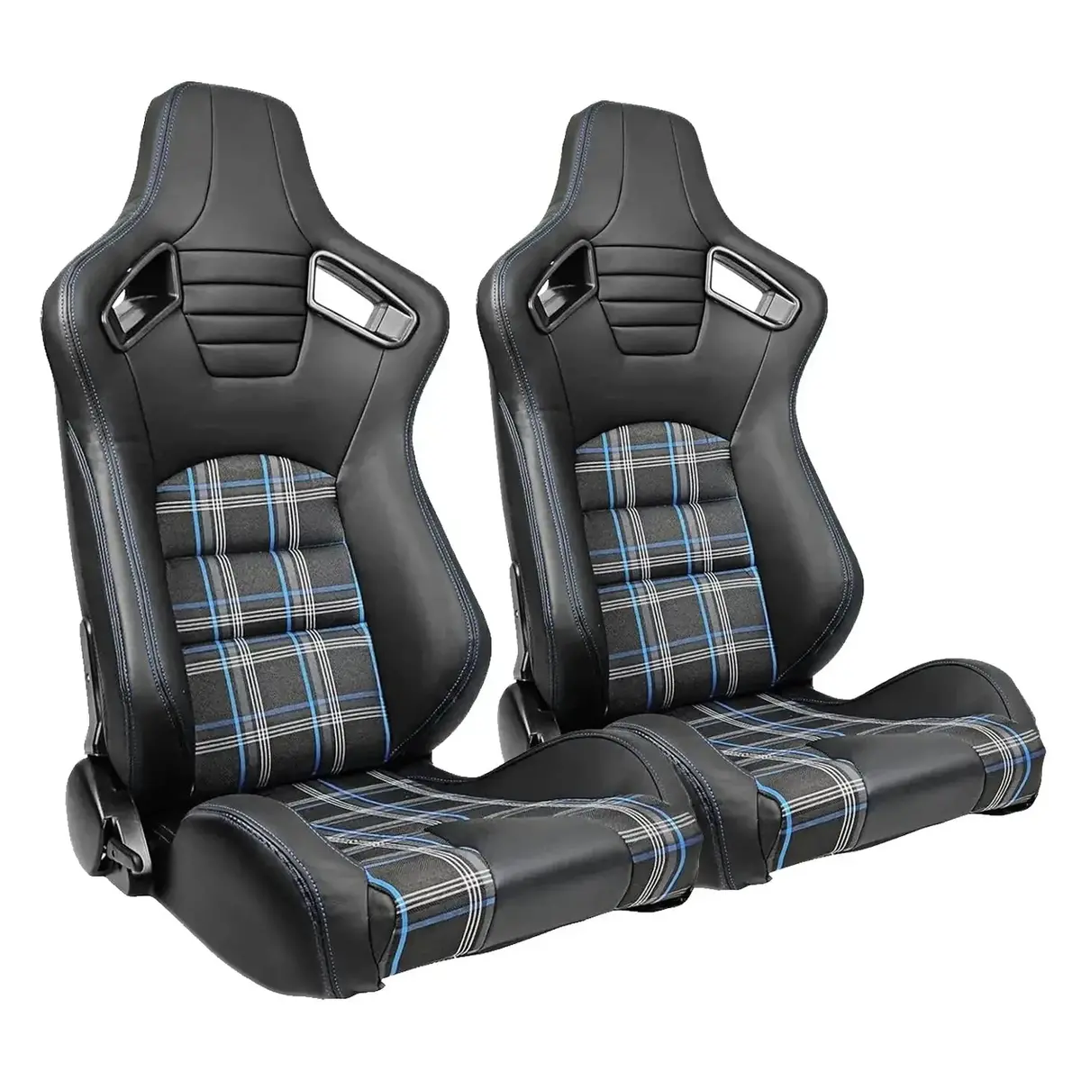 Reclinable Racing Seats - Gti Style Tartan Design Black Pvc With Blue Stitching (Pair) 1