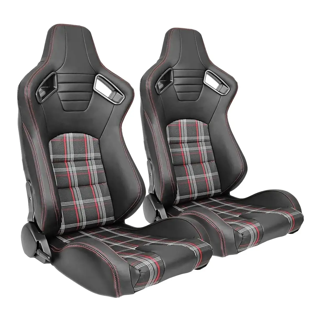Reclinable Racing Seats - Gti Style Tartan Design Black Pvc With Red Stitching (Pair) 1