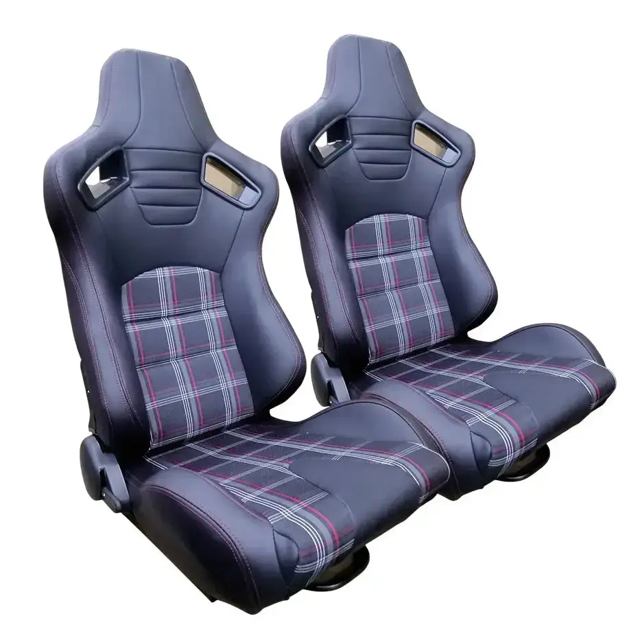 Reclinable Racing Seats - Gti Style Tartan Design Black Pvc With Red Stitching (Pair) 1
