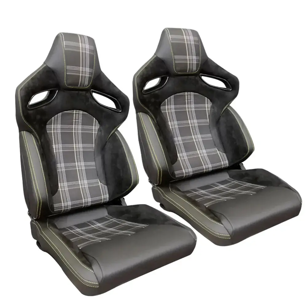 Reclinable Racing Seats - Gti Style Tartan Design Black Suede + Pvc (Pair) 1