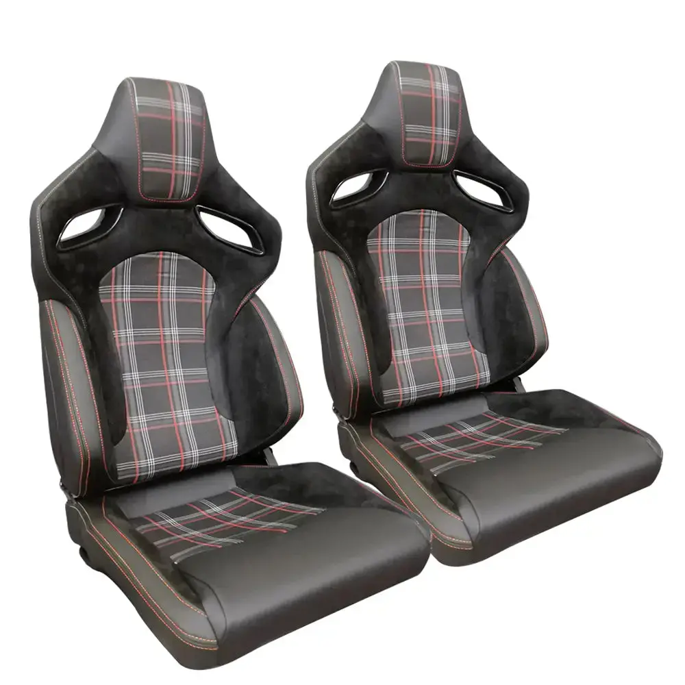 Reclinable Racing Seats - Gti Style Tartan Design Black Suede + Pvc (Pair) 1