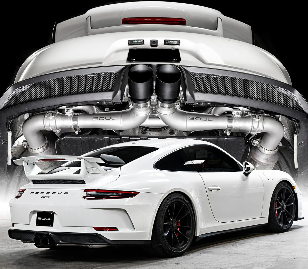 Soul 14-19 Porsche 991 Gt3 Center Muffler Bypass Exhaust - 4In Slash Cut Satin Black Tips 1