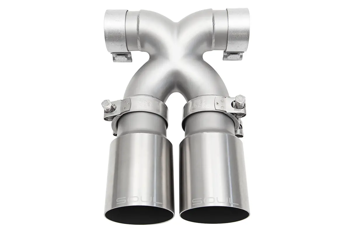 Soul 17+ Porsche 718 Cayman / Boxster Bolt-On X-Pipe W/ Tips - Straight Cut Brushed Finish Tips 1