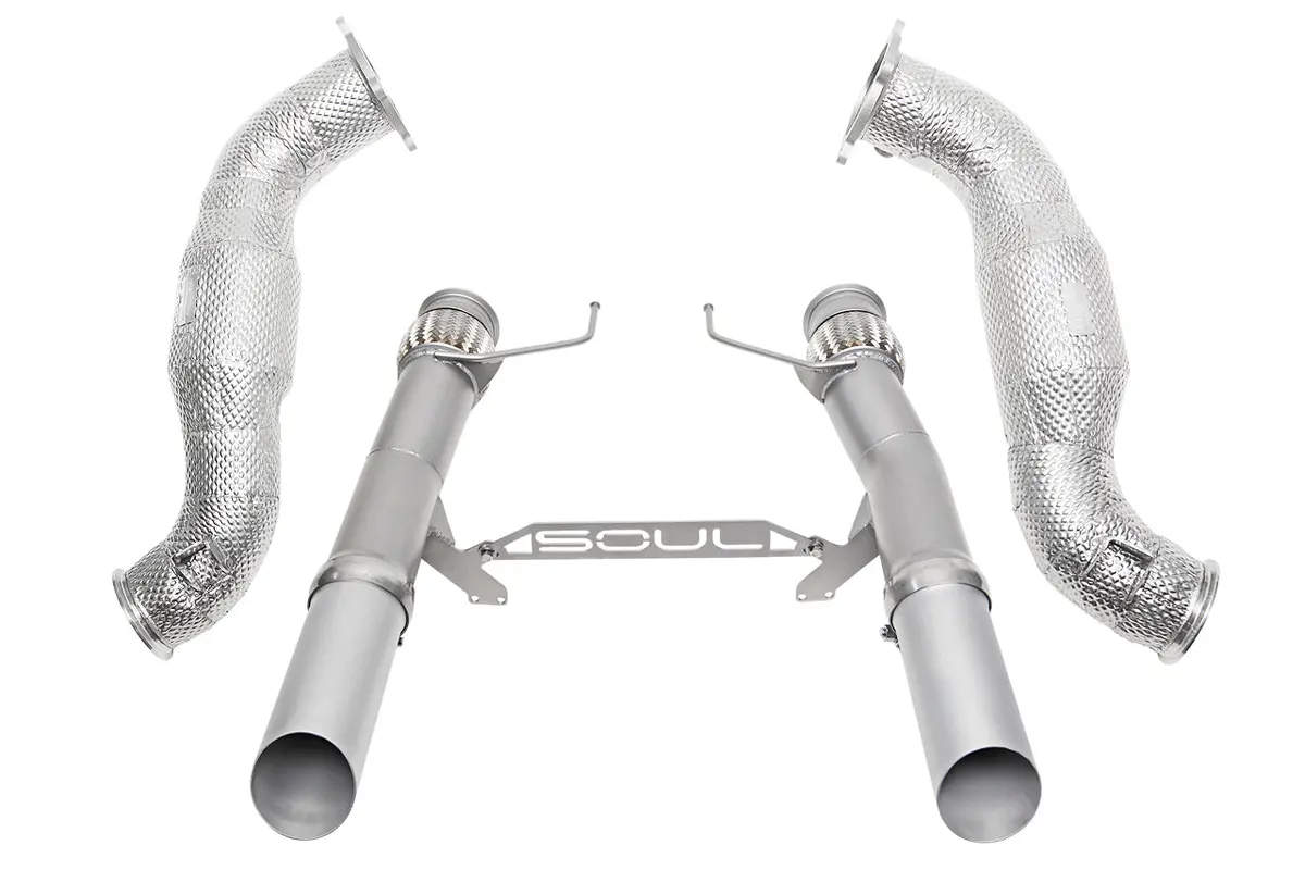 Soul 2017+ Mclaren 720S 3.5In Sport Exhaust Package (200 Cell Cats) - Slash Cut Silver Ceramic Tips 1