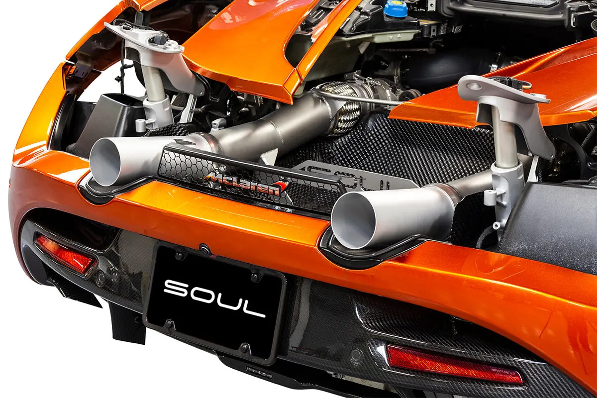 Soul 2017+ Mclaren 720S 3.5In Sport Exhaust Pkg (200 Cell Cats) - Straight Cut Silver Ceramic Tips 1