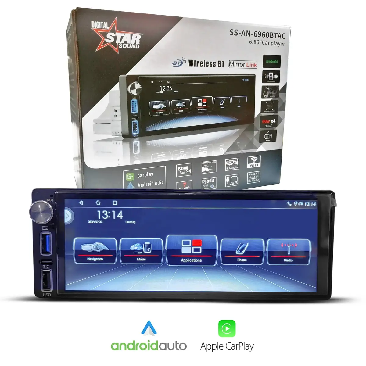 Star Sound Ss-An-6960Btac 6.8" Single Din Android Media Player With Apple Car Play & Android Auto 1