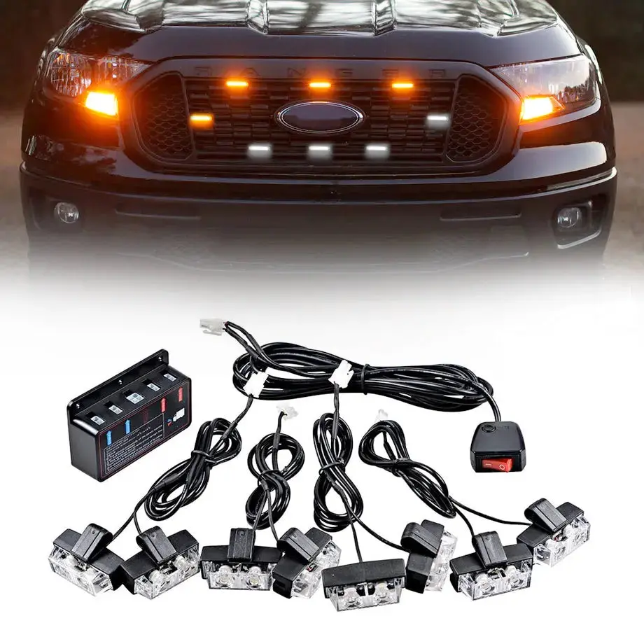 Universal 8-Piece Grille Mount  Emergency Strobe Light Kit - White & Yellow 1