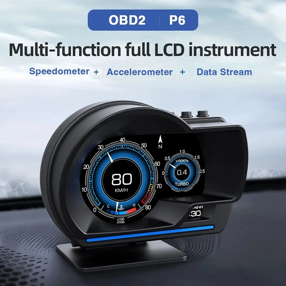Universal Obd2 P6 Digital Heads-Up Instrument Display With Speedometer, Accelerometer & Data Monitoring 1