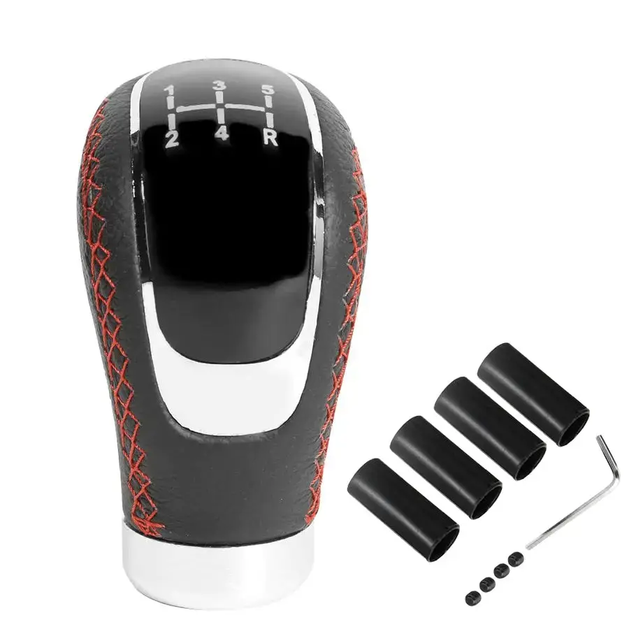 Universal 5-Speed Leather Look Gear Knob (Black & Red) 1