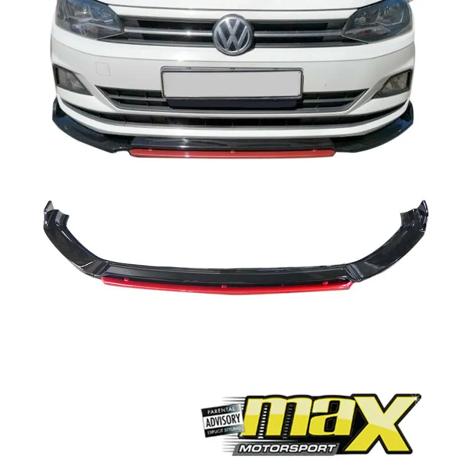 Suitable To Fit - Vw Polo 8 Aw (18-On) Gloss Black Front Spoiler With Red Lip (4Pc) 1