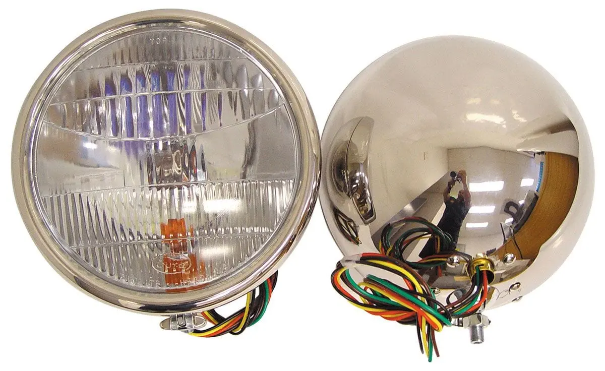 Vintique Stainless Steel Headlamp Assembly – Integrated Turn Signal, Dual-Bulb Design (Via-13000-Bqsts) 1